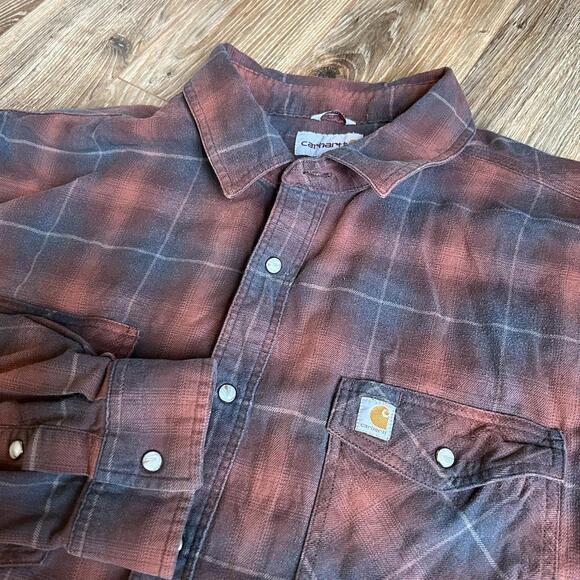 Carhartt Flannel Shirt Adult 2XL Brown Plaid Rugged Flex Hamilton Pearl Snap - Picture 1 of 6